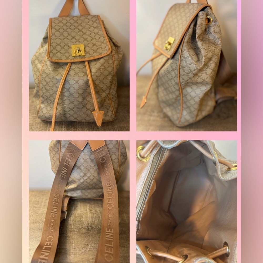 Celine Beige Monogram Canvas Drawstring Backpack with Tan Leather Trim